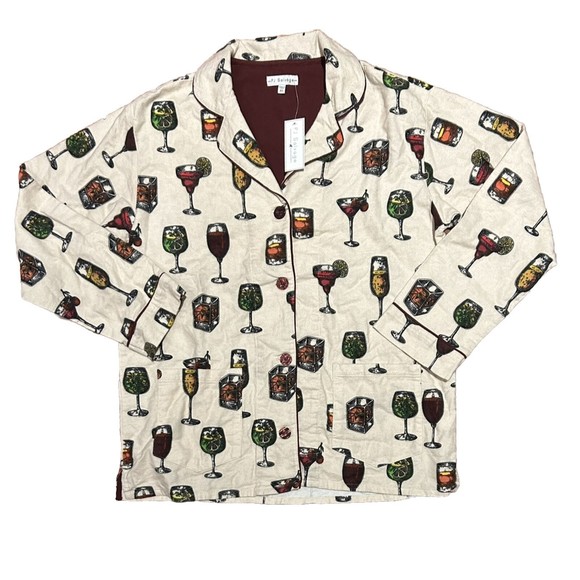 PJ‎ Salvage Flannel Pajama TOP Button Down Women XS CHEERS Wine COCKTAILS - Picture 1 of 8